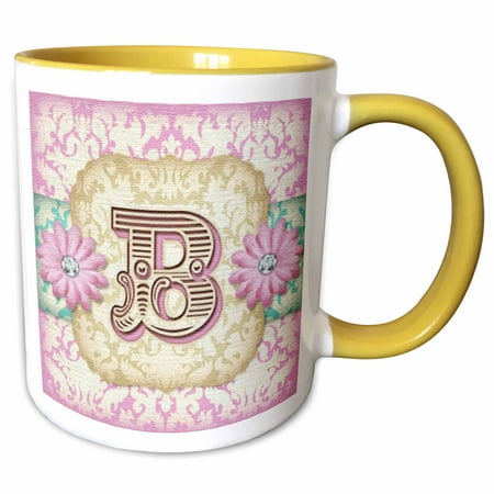 3drose, Regal Pastel Mod Damask Monogram Initial B, 11oz Two-tone Yellow Mug
