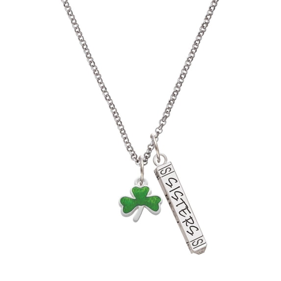 Delight Jewelry Silvertone Translucent Green Shamrock Silvertone Sisters Best Friends Forever Bar Charm Necklace, 23"