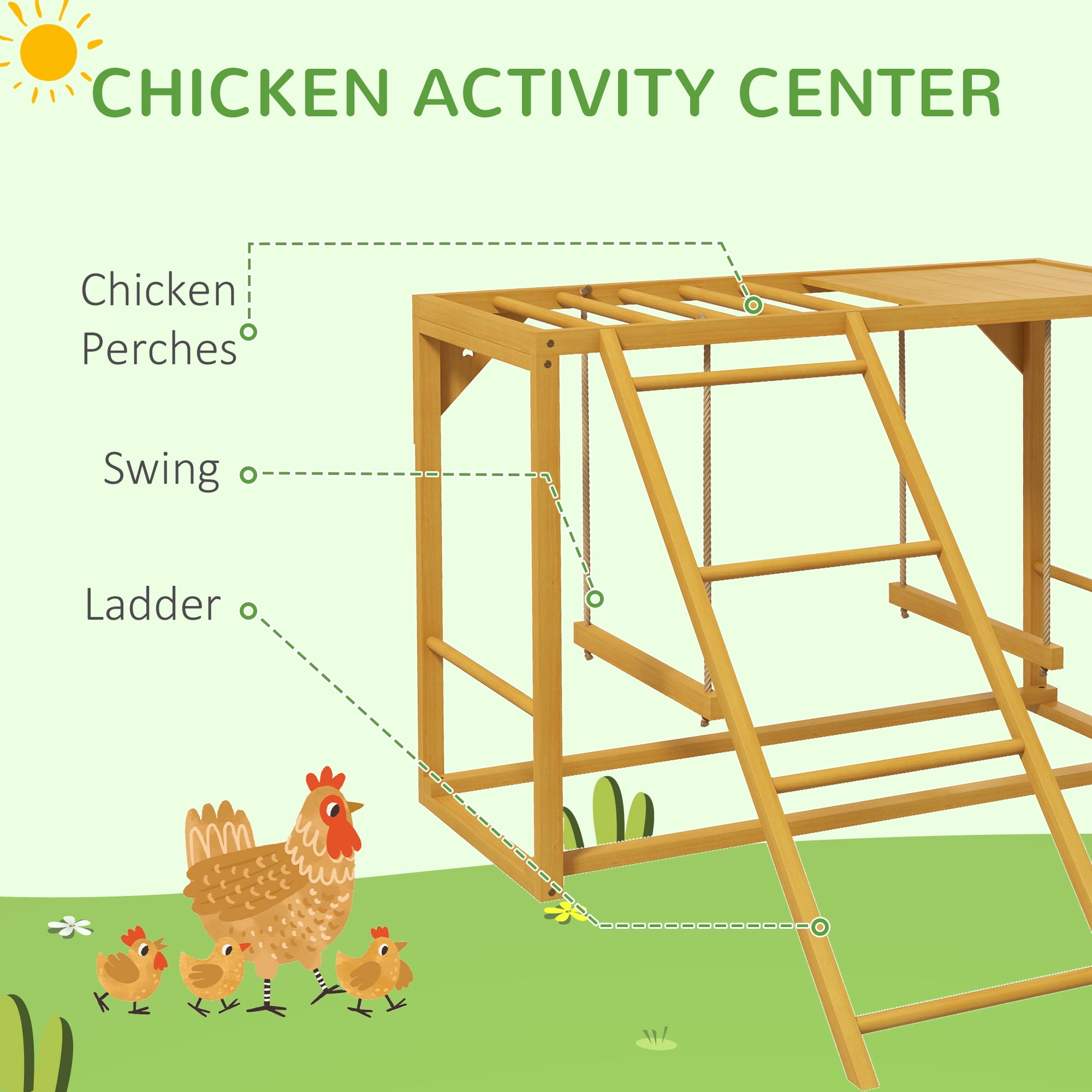 Chicken Activity Play with Swing Set for 3-4 Birds, Wooden Chicken Coop Accessory with Multiple Chicken Perches & Hen Ladder, Natural