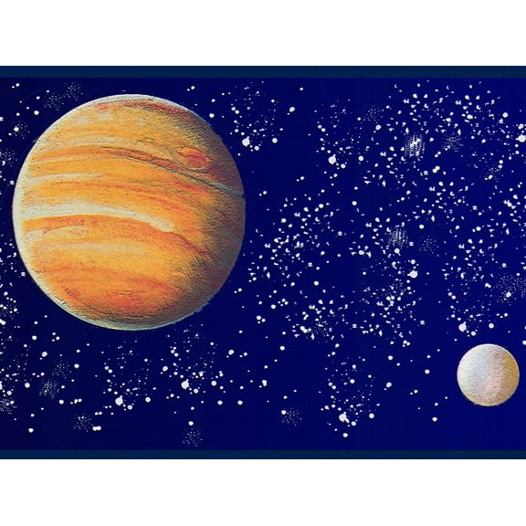 Dundee Deco's Peel and Stick Wallpaper Border - Space Blue Orange Yellow Planets Wall Border Retro Design, 15 ft x 7 in, Self Adhesive