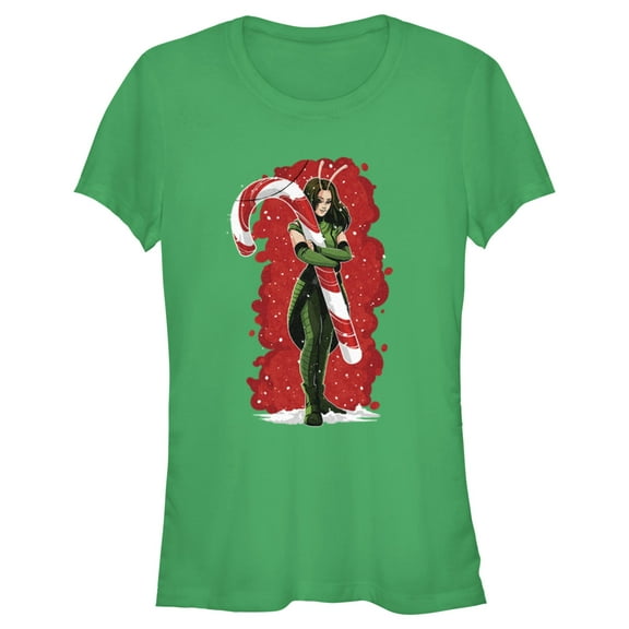 Junior's Guardians of the Galaxy Holiday Special Mantis Candy Cane Hug Graphic Tee Kelly Green Small