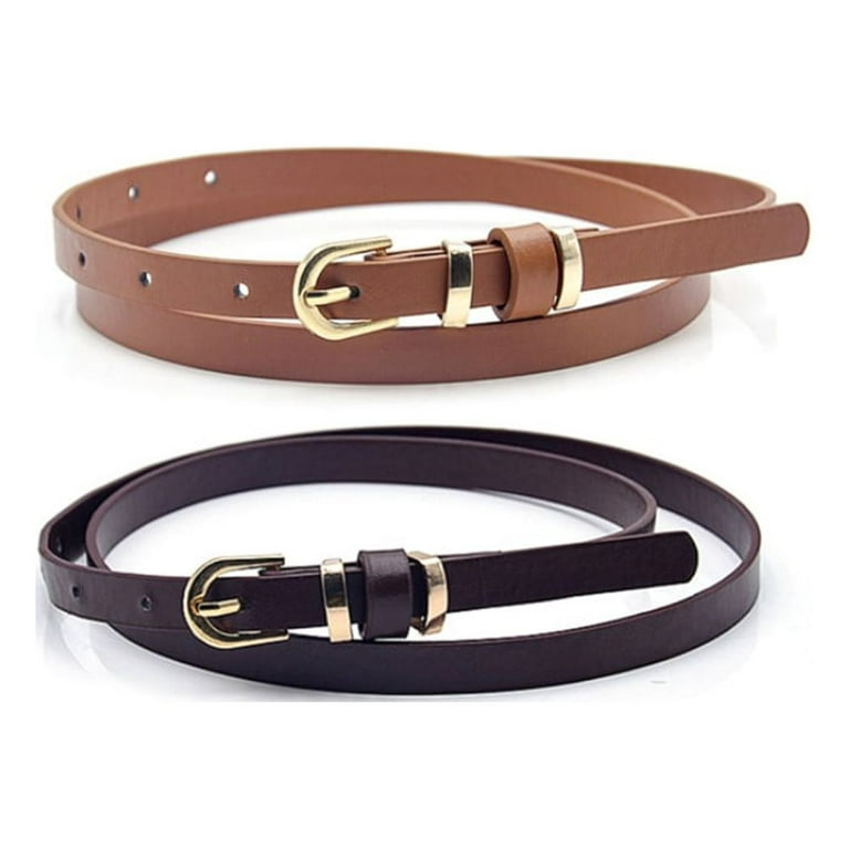 Bodychum 2 Pcs Women Skinny Leather Belt Invisible Thin Belts PU Waist Belt  with Gold Buckle Belts for Jeans Pants, Coffee+Brown