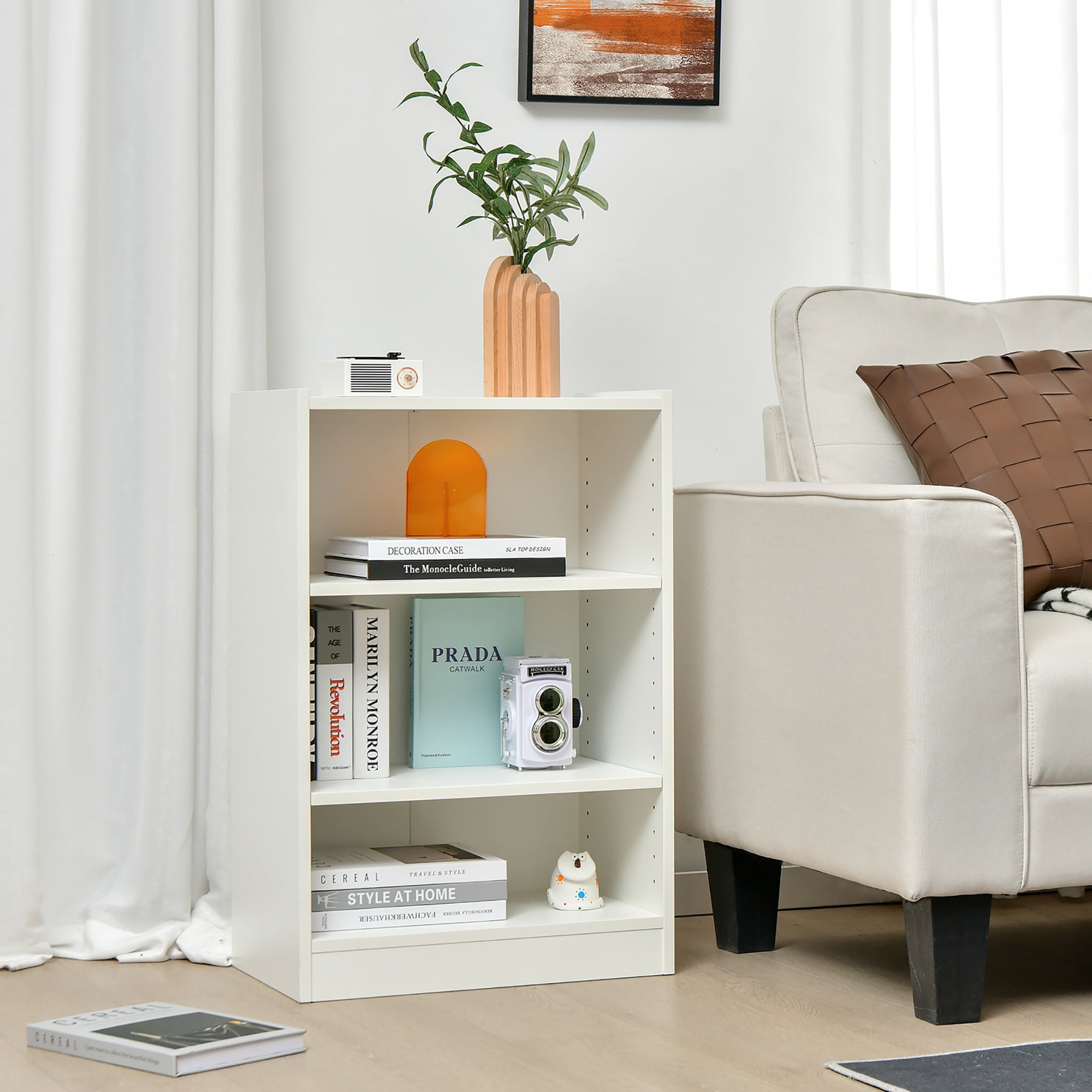 Costway 3-Tier Bookcase Open Multipurpose Display Rack Cabinet with Adjustable Shelves White