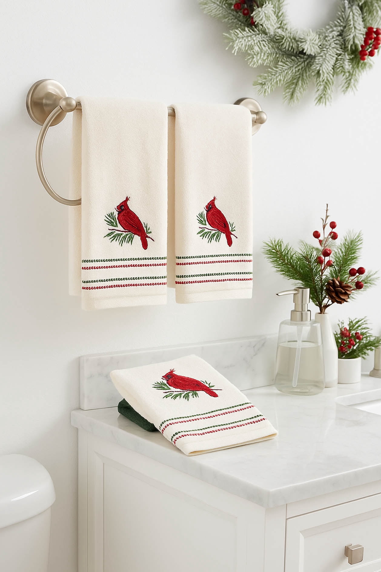 St Nicholas Cardinal Embroidered Hand Towels Set of 2 Off-White Cotton 16 x 25