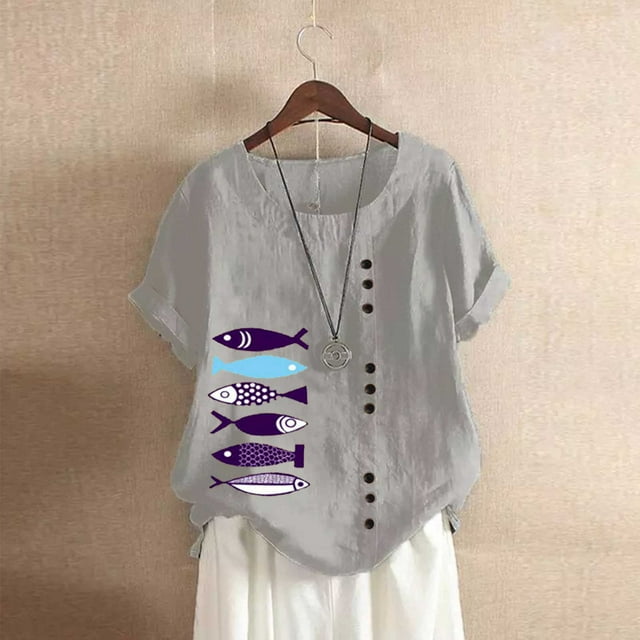 LOVZFMLL Hauts d'Été pour Femmes Mode Été Col Rond Loisirs Manches Courtes Boutons Imprimés Hauts