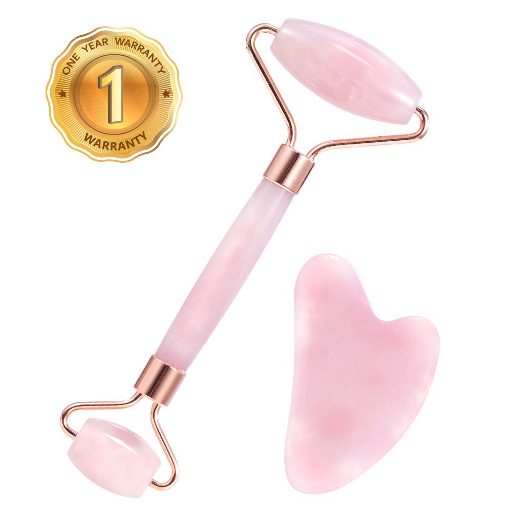 Jade Roller Natural Jade Face Massage Roller Scraping Tool Set for Neck Skin Puffiness Facial Cheeks Slimmer Reduce Wrinkles Skin Tightening Anti-Aging