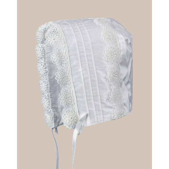 Baby Girls White Silk Christening Baptism Hat with Pin Tucking and Lace Trim (Baby)