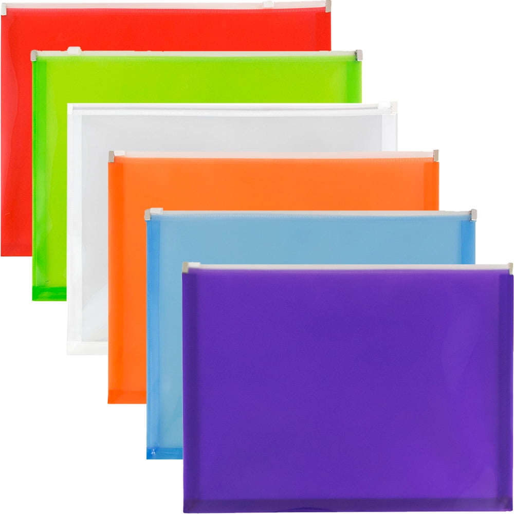 JAM Plastic Zip Envelopes, 9.8 x 13, Assorted, 6/Pack