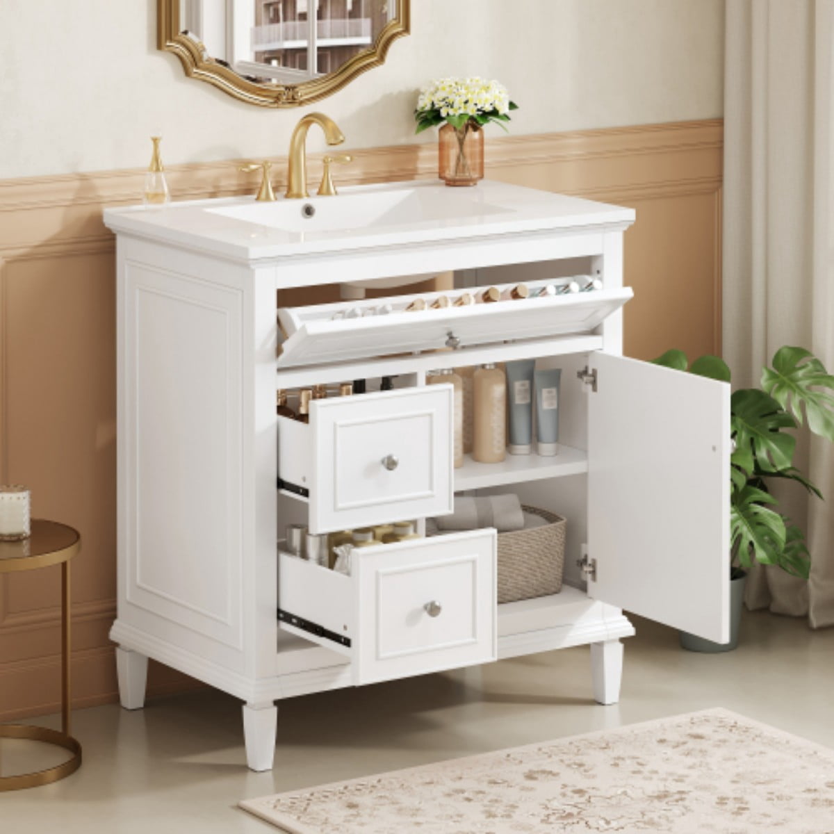 30" Bathroom Vanity with Sink, Modern Bathroom Cabinet with Ceramic Vanity Sink, Solid Wood & MDF Storage Cabinet with Flip Drawer, Adjustable Shelf, White