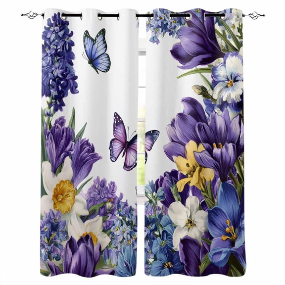 Spring Floral Blackout Curtains for Bedroom/Living Room, Thermal Insulated Kitchen Curtains, Purple Tulips Hydrangeas Butterflies Flowers Grommet Darkening Window Treatment Drapes 42"x63"x2