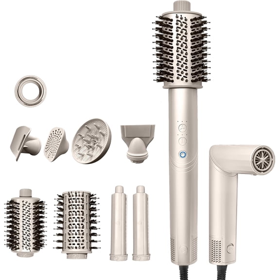 8-in-1 Hair Styler with 110,000 RPM Motor & Negative Ion Technology - Complete Hot Air Styling System with Auto-Wrap Curlers & Diffuser for All Hair Types (Champagne)