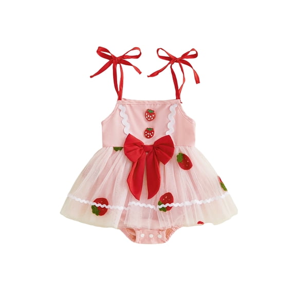 BemeyourBBs Newborn Baby Girl Summer Clothes Infant Baby Girls Strawberry Outfit Fairy Tutu Tulle Dress Romper Dress Sleeveless Tie Strap Front Bow Bodysuit Playsuit Princess Party Dress