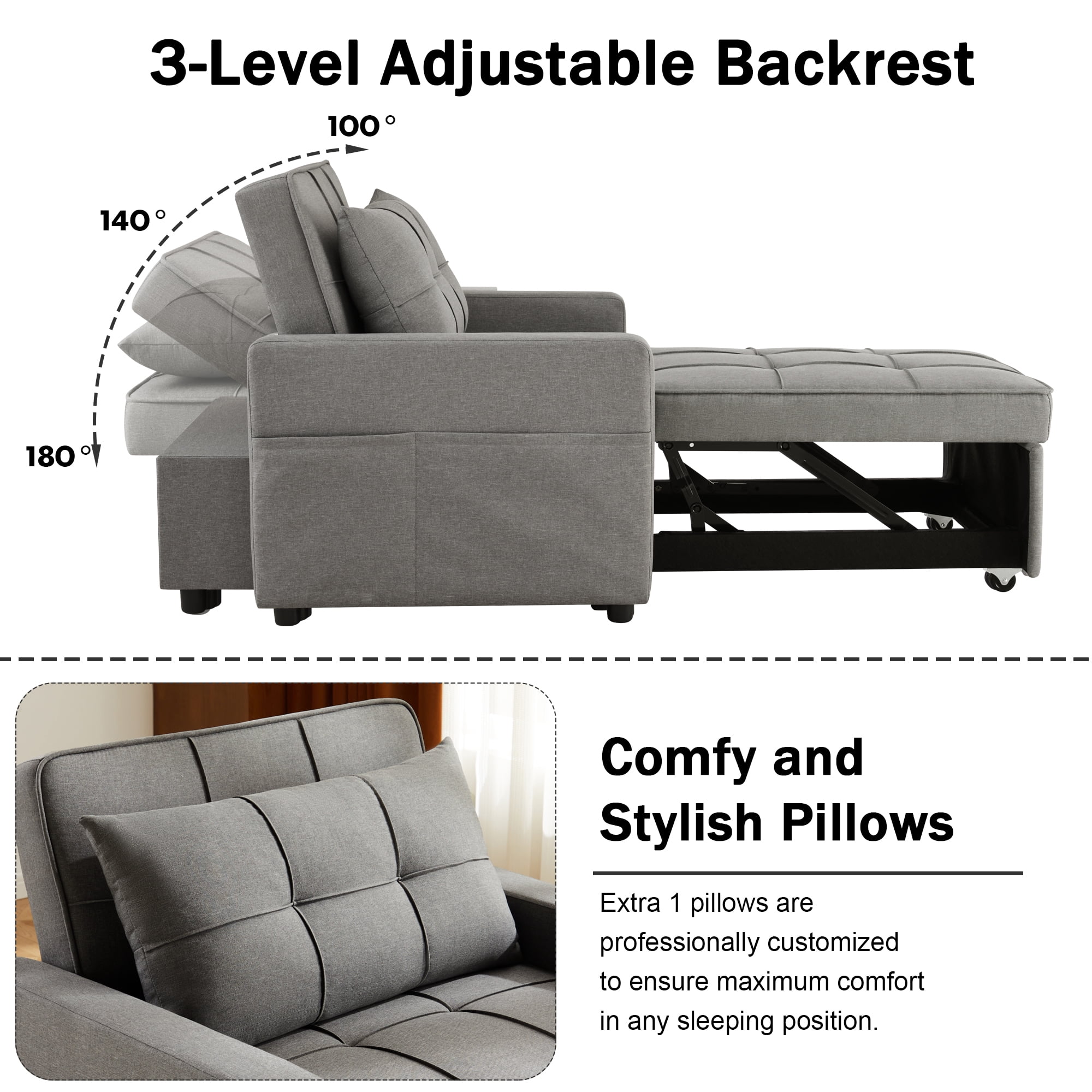 Gewnee 3‑In‑1 Folding Sofa Bed Chair, Convertible Sofa Bed and Office Chair, Adjustable Backrest Leisure Chair With Wheels & Handles & Side Pockets, Fit For Small Spaces, Dark Grey