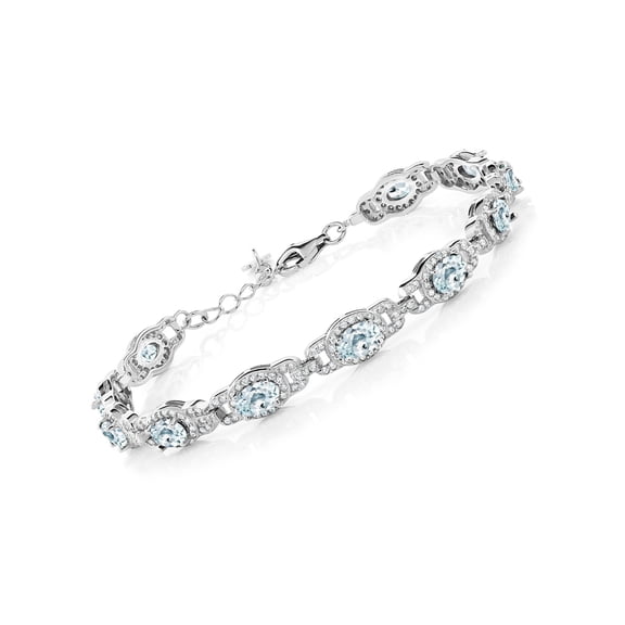 Gem Stone King Sky Blue Aquamarine 925 Sterling Silver Tennis Bracelet for Women (9.10 Cttw, March Gemstone Birthstone, Oval 6X4MM, 7 inch With 1 inch Extender)