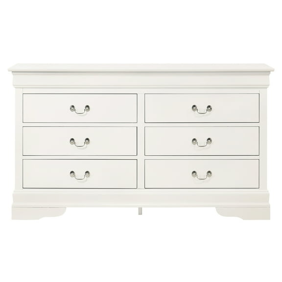 Homestock Coastal Cool 6-Drawer White Dresser 57x16x33 - Dovetailed Drawers, Curved Moldings, Carved Base, Fully Assembled