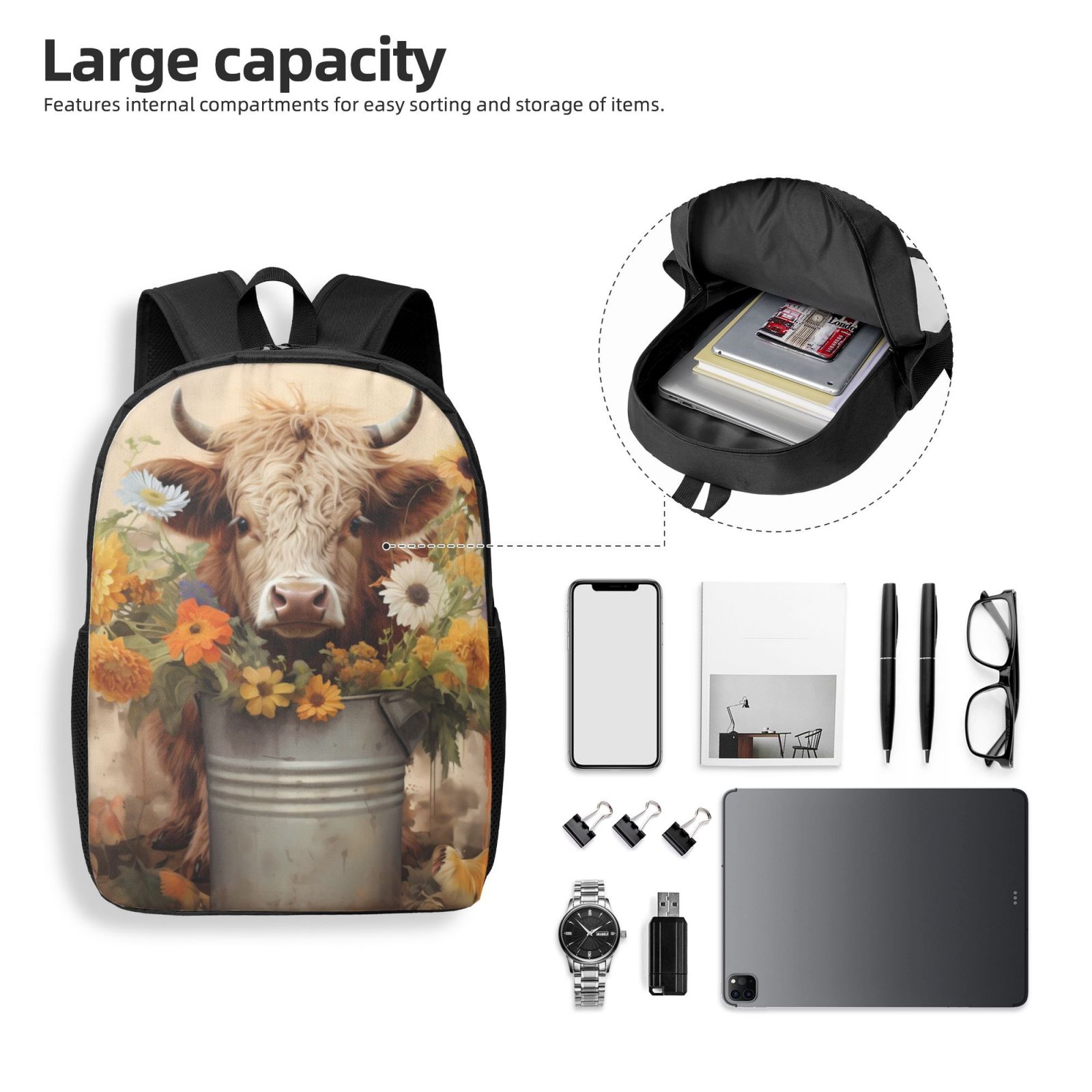 Xecao Bucket Flower Cow print Travel Backpack, Large Computer Backpack for Men Women, College School Rucksack Book Bag
