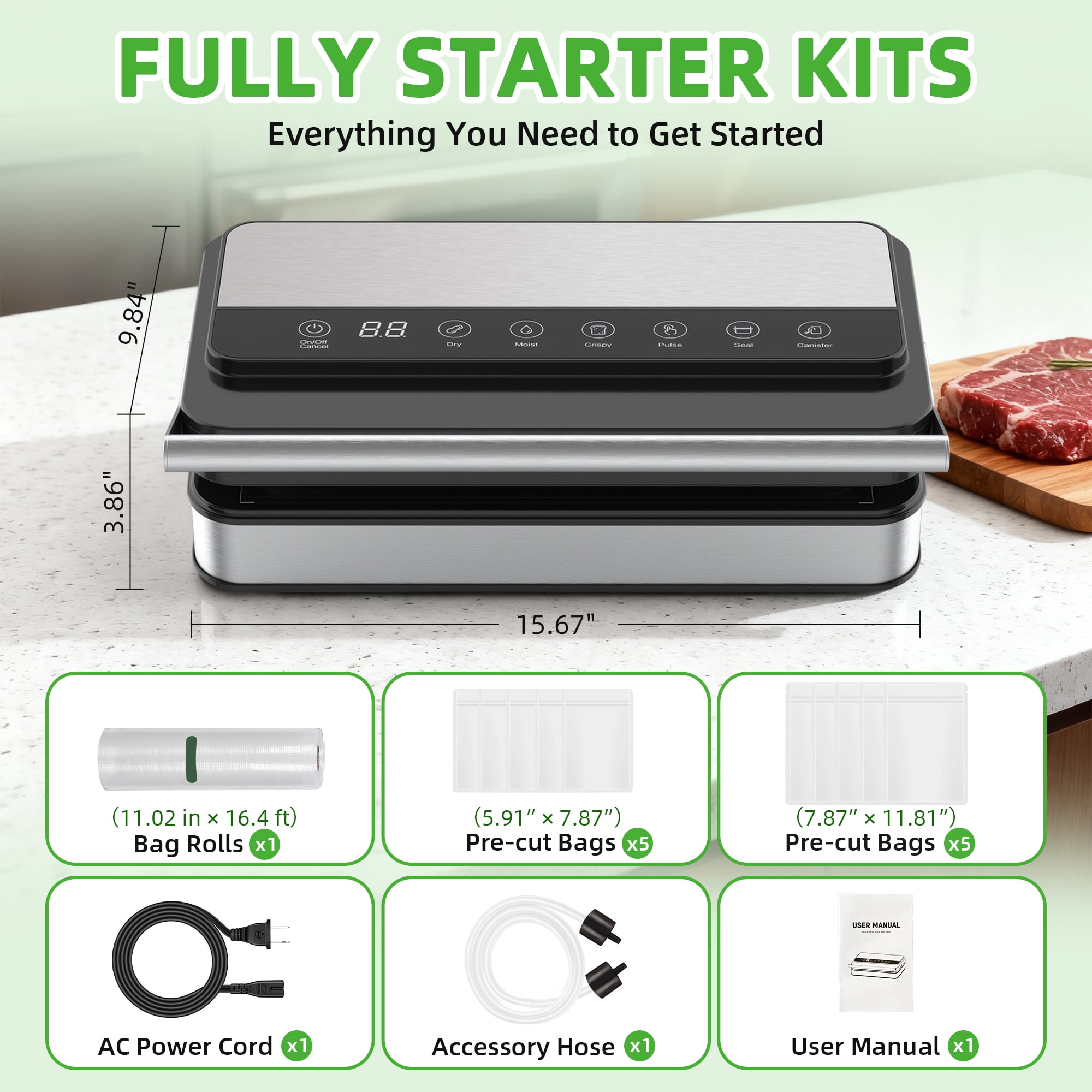 Elevon 10-in-1 Automatic Vacuum Sealer, 200W Food Saver with Built-in Cutter, Digital Timer, Bags & Roll Included, Compact Low Noise Design