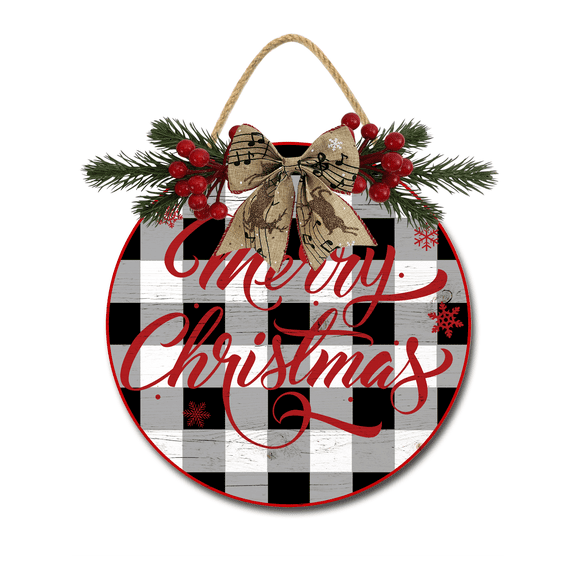 Front Door Porch Decorations Christmas Door Hanging Sign 11 inch Wooden Wall Sign, Rustic Holiday Wreath Decor for Front Door Porch Home Window Wall Farmhouse Decorations