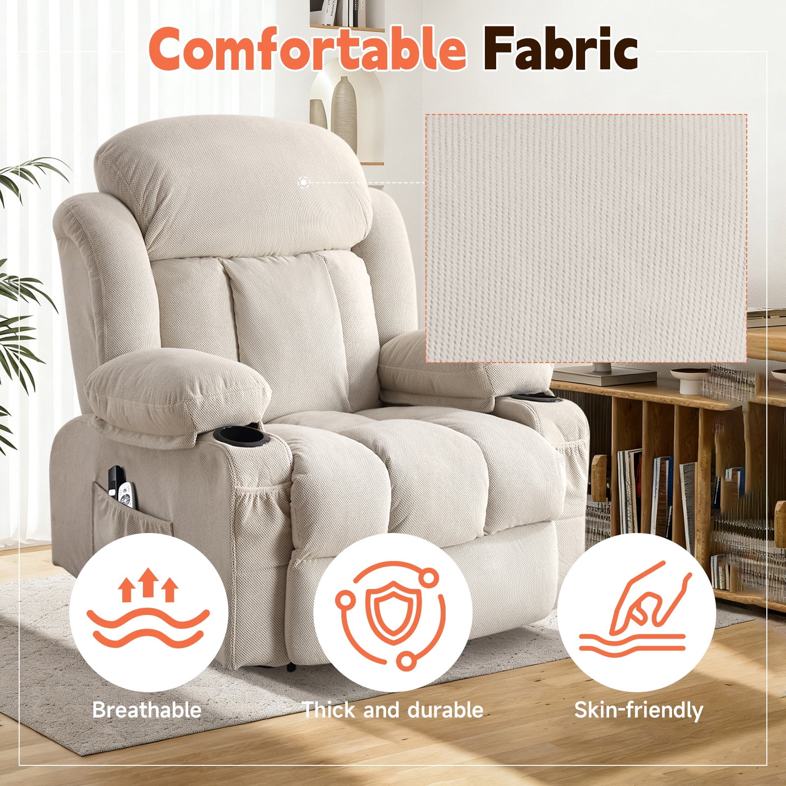 UHOMEPRO Lift Recliner Chair for Elderly and Adult, Electric Recliner with Heat and Vibration Massage, Remote Control, USB Port, Side Pockets & Cup Holders, Beige