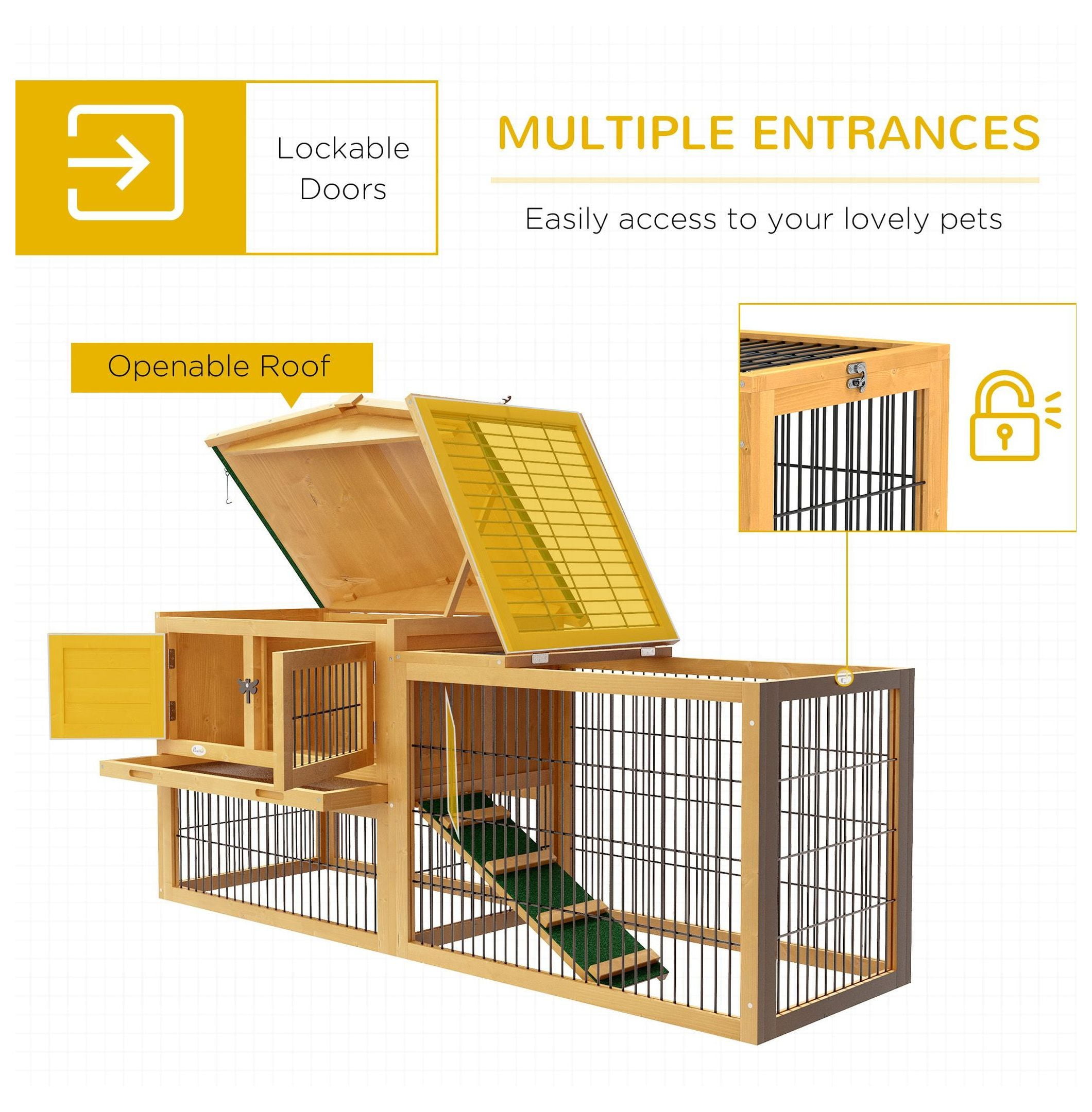Spacious 2-Level 59" Rabbit Hutch Outdoor with Easy Open Top Yellow