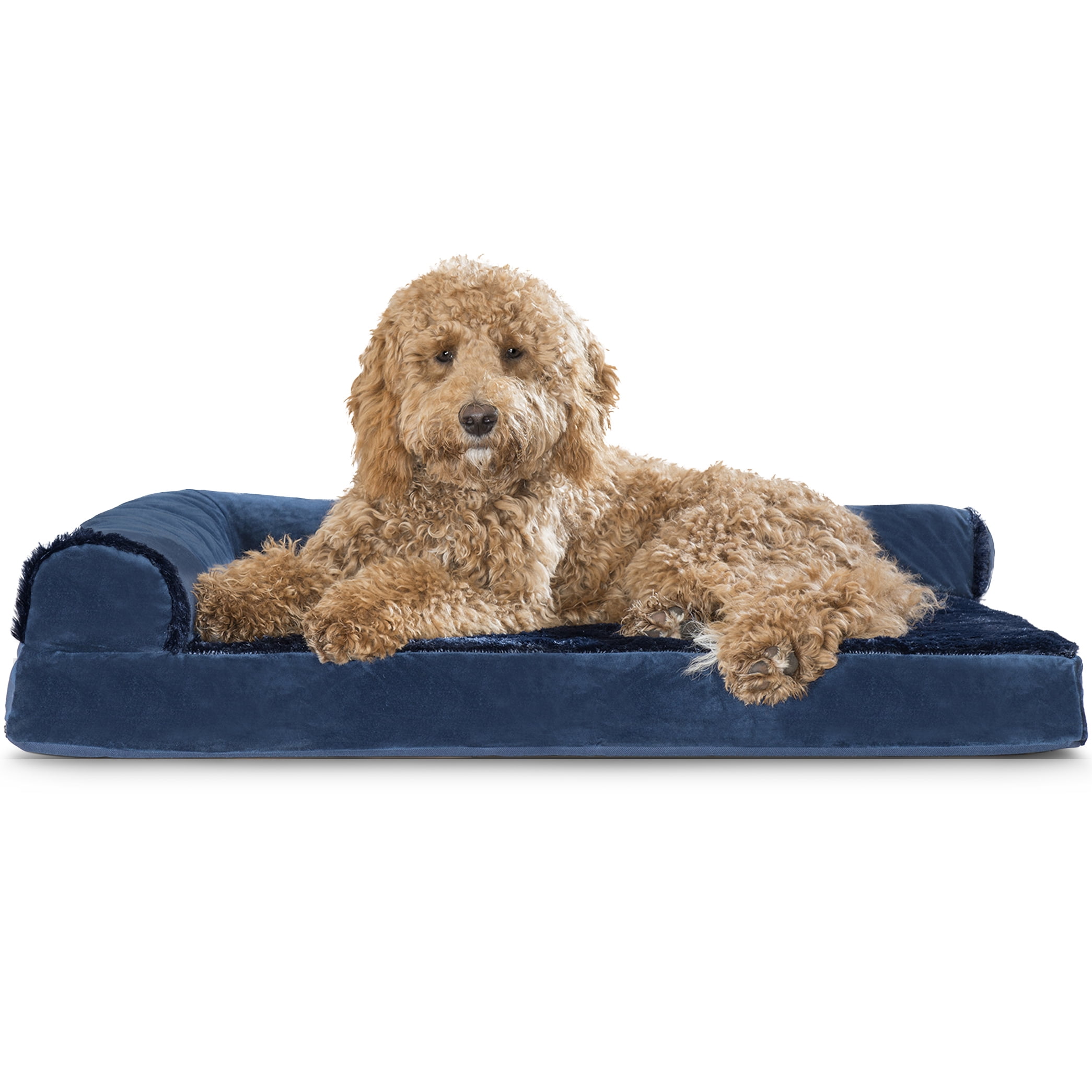 FurHaven Pet Dog Bed | Deluxe Orthopedic Plush & Velvet L-Shaped Chaise Couch Pet Bed for Dogs