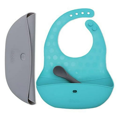 bblüv - Pöket – Silicone Toddler Baby Bibs for Eating - Soft Adjustable Waterproof Travel Feeding Bibs with Food Catcher Includes Baby Spoon Unisex for Boy or Girl Pack of 2 (Aqua/Gray)