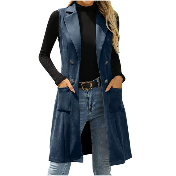 Stamzod Womens Vest Trendy 2025 Dressy Casual Sleeveless Suede Jacket Women Double Breasted Long Vests with Pocket Navy M