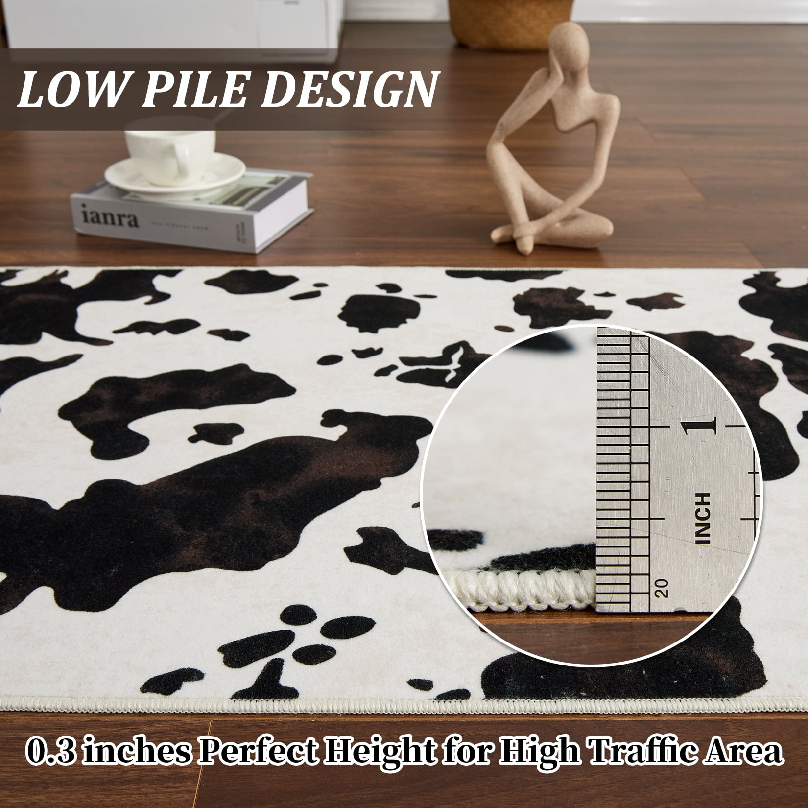 Tzou Cow Print Area Rugs 10' x 13' – Modern Washable Low Pile Throw Rug with Non-Slip Backing, Stain-Resistant Soft Floor Carpet for Living Room, Bedroom, Kitchen (Machine Washable)