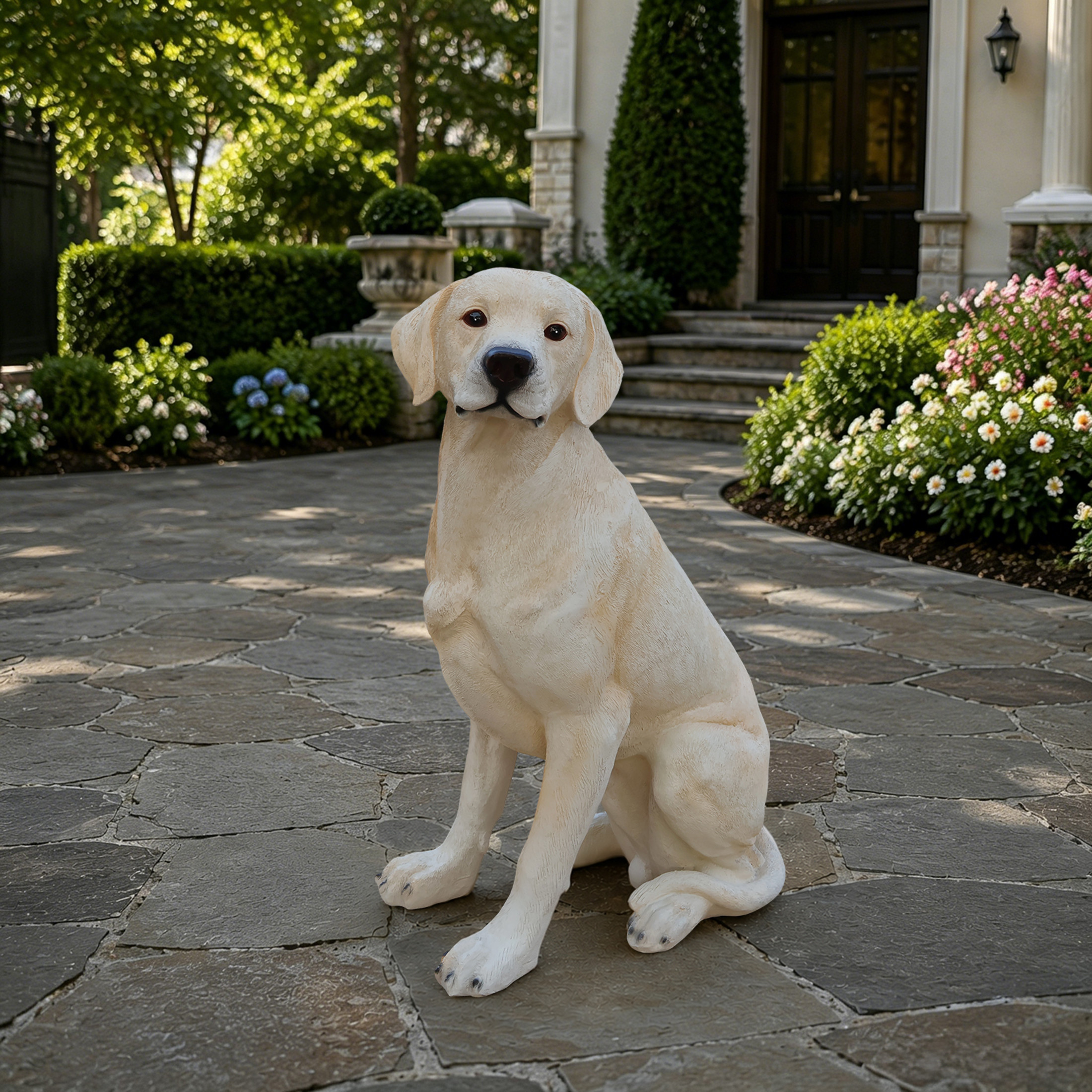 Noble House Lifelike Sitting Labrador Statue, Realistic Resin Animal Figurine for Outdoor Garden Decor, Yellow White