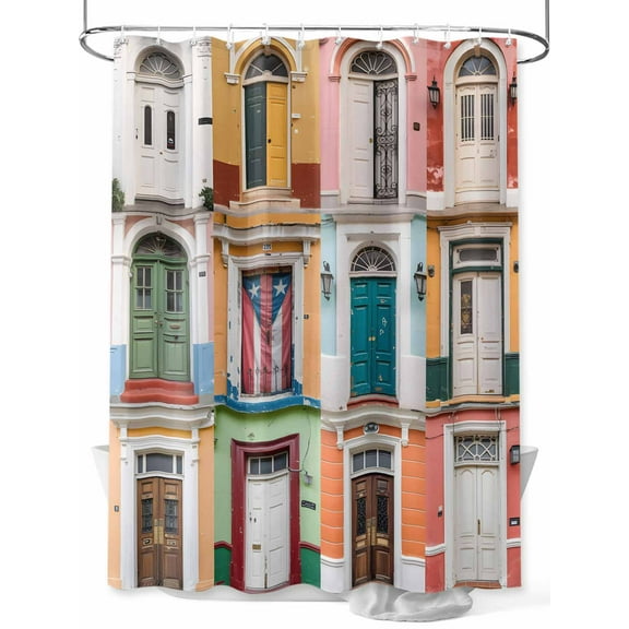 Fsddascl Puerto Rico Shower Curtain Set - 72" x 78" Washable Bathtub Curtain with 12 Hooks, Vintage Boho Style Door Gates Waterproof Fabric Stall Shower Curtains for Bathroom/Bathtub Décor