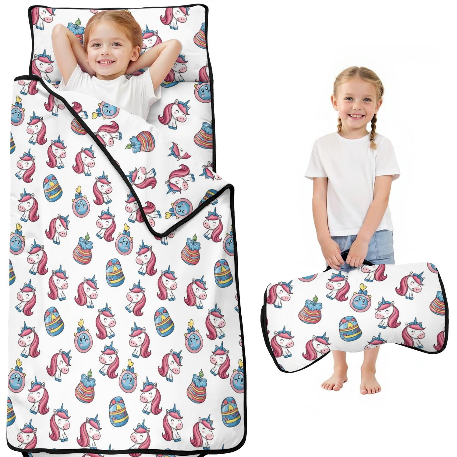 Unicorn and Egg White Pattern Kids Nap Mat Daycare Sleep Mat with Handle & Fastening Straps Easy Roll Up Gifts for Birthday Holiday 51 x22