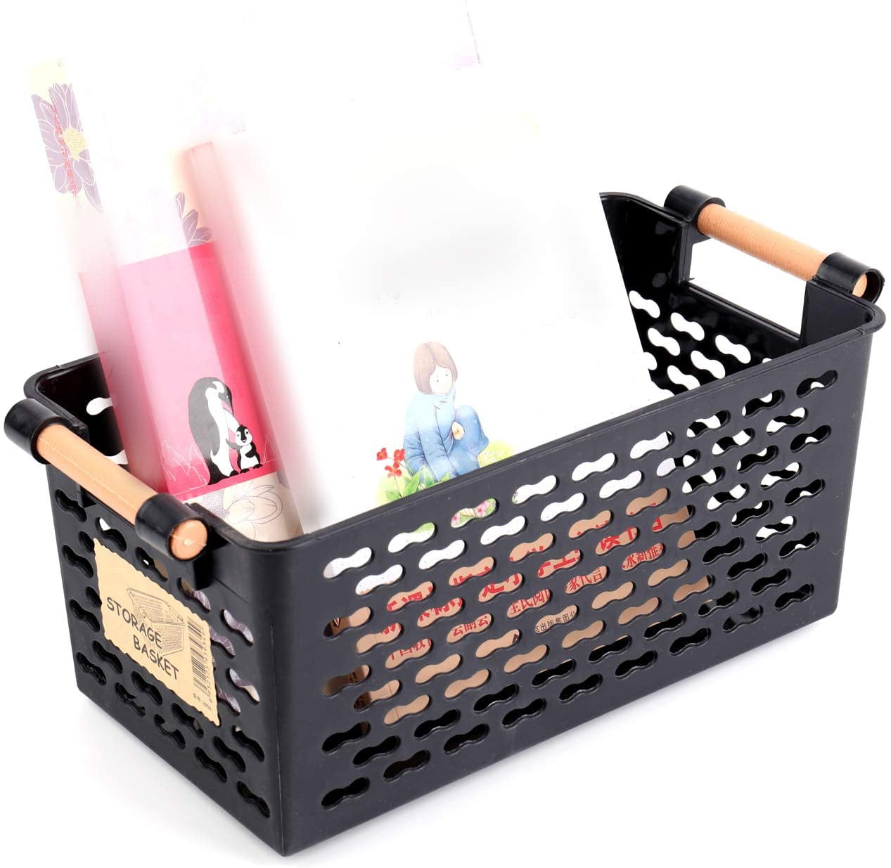 6 Pack Plastic Storage Basket, Black Basket Organizer Bin with Handles for Home Office Closet, 6 x 12 x 5 Inches