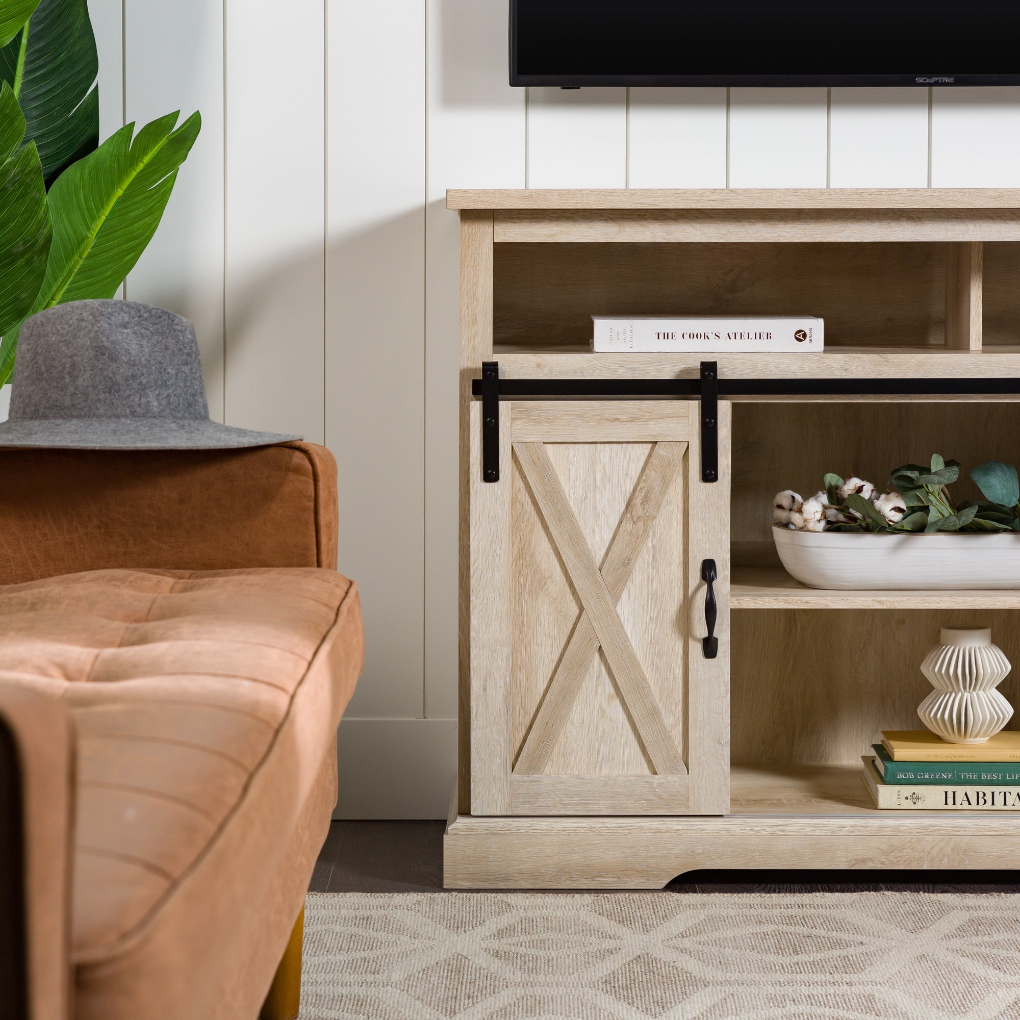 Woven Paths Farmhouse Barn Door TV Stand for TVs up to 60", White Oak