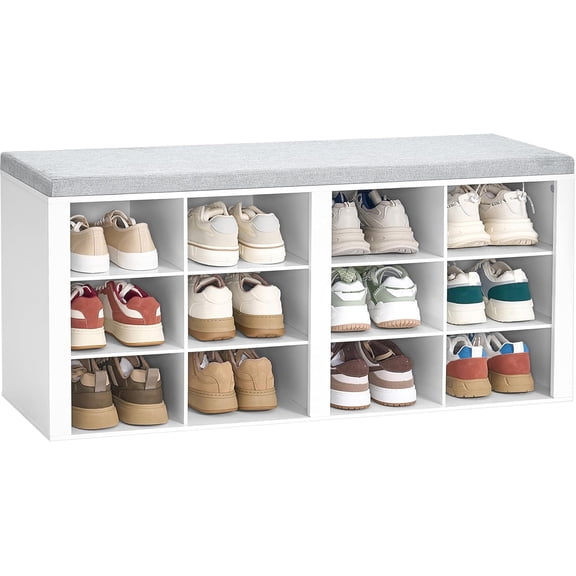 Shoe Bench with Cushion, Entryway Storage Bench with 12 Cubbies, Cubby Shoe Rack with Adjustable Shelves, Shoe Organizer Cabinet for Living Room, Bedroom, Entryway, White SB19003GY