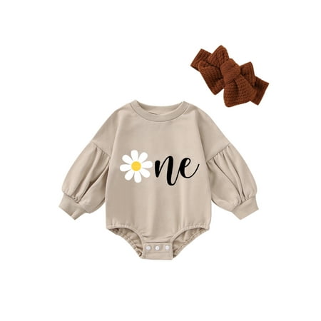 

Shuttle tree Baby Romper Set Long Sleeve Crew Neck Flower Letters Romper with Bowknot Hairband