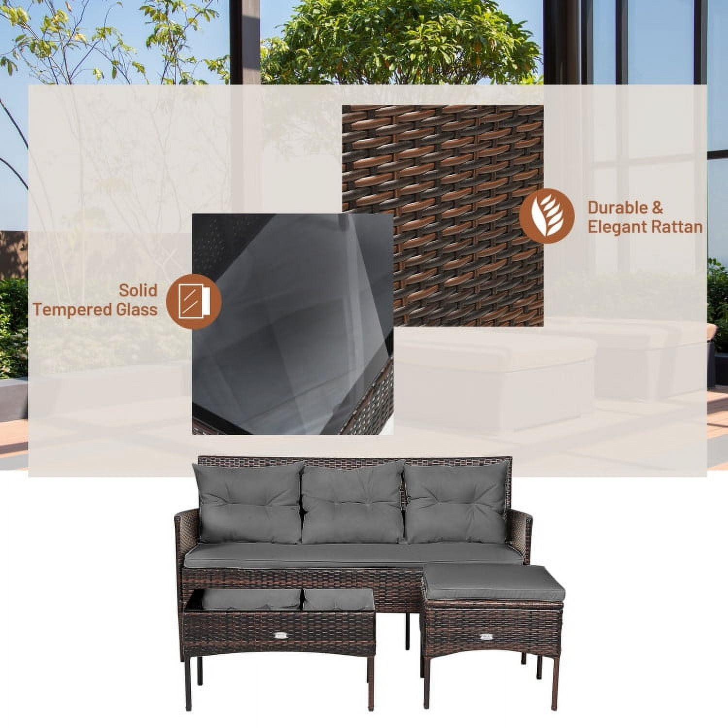 Aimee Lii 3 Pieces Patio Furniture Sectional Set with 5 Cozy Seat and Back Cushions, Outdoor Wicker Patio Furniture Set, Gray