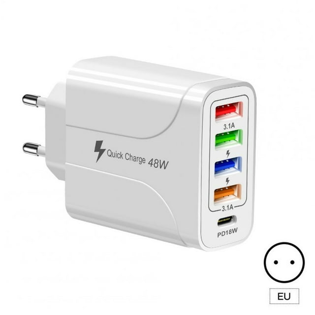 USB Charger Block Phone Charger 5 Ports 48W USB Power Adapter Smart Phone Wall Charger Block Cube Adapter White EU plug