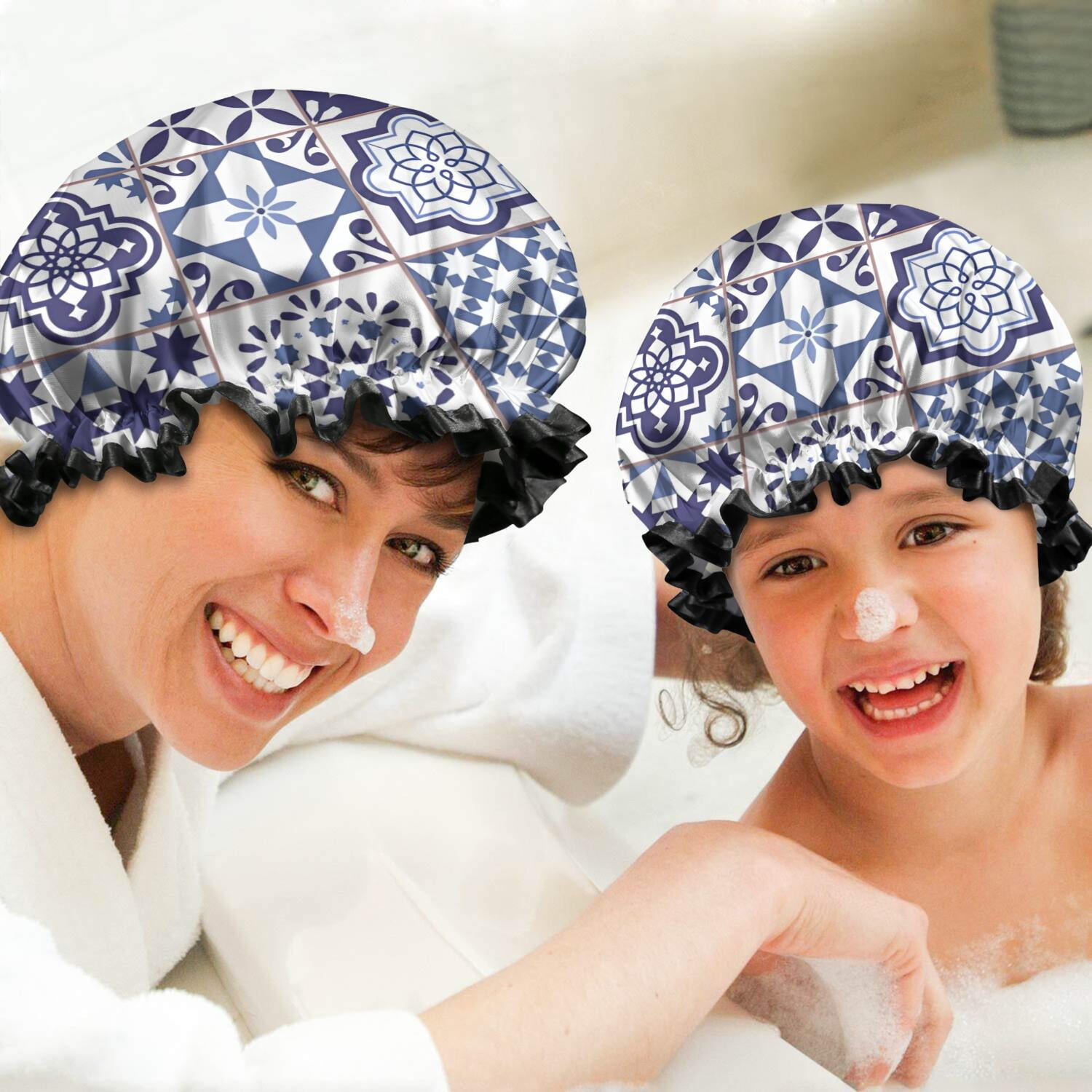Shower Caps,Blue Ethnic Geometric Patchwork Pattern Waterproof Shower Cap for Women 4 Pieces,Double Reusable Hair Cover for Shower PEVA Elastic Stretch Hem