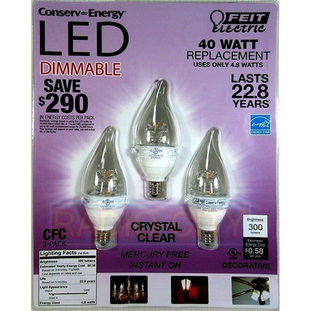 Feit 4.8 Watt = 40 Watts LED Candelabra Light Bulbs 3Pack 3000K