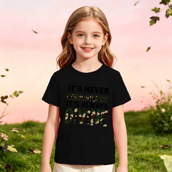 Girls Tshirts Letter Print Short Sleeve Crew Neck Tee for Casual Wear Girls Tops Black 1 Years-2 Years