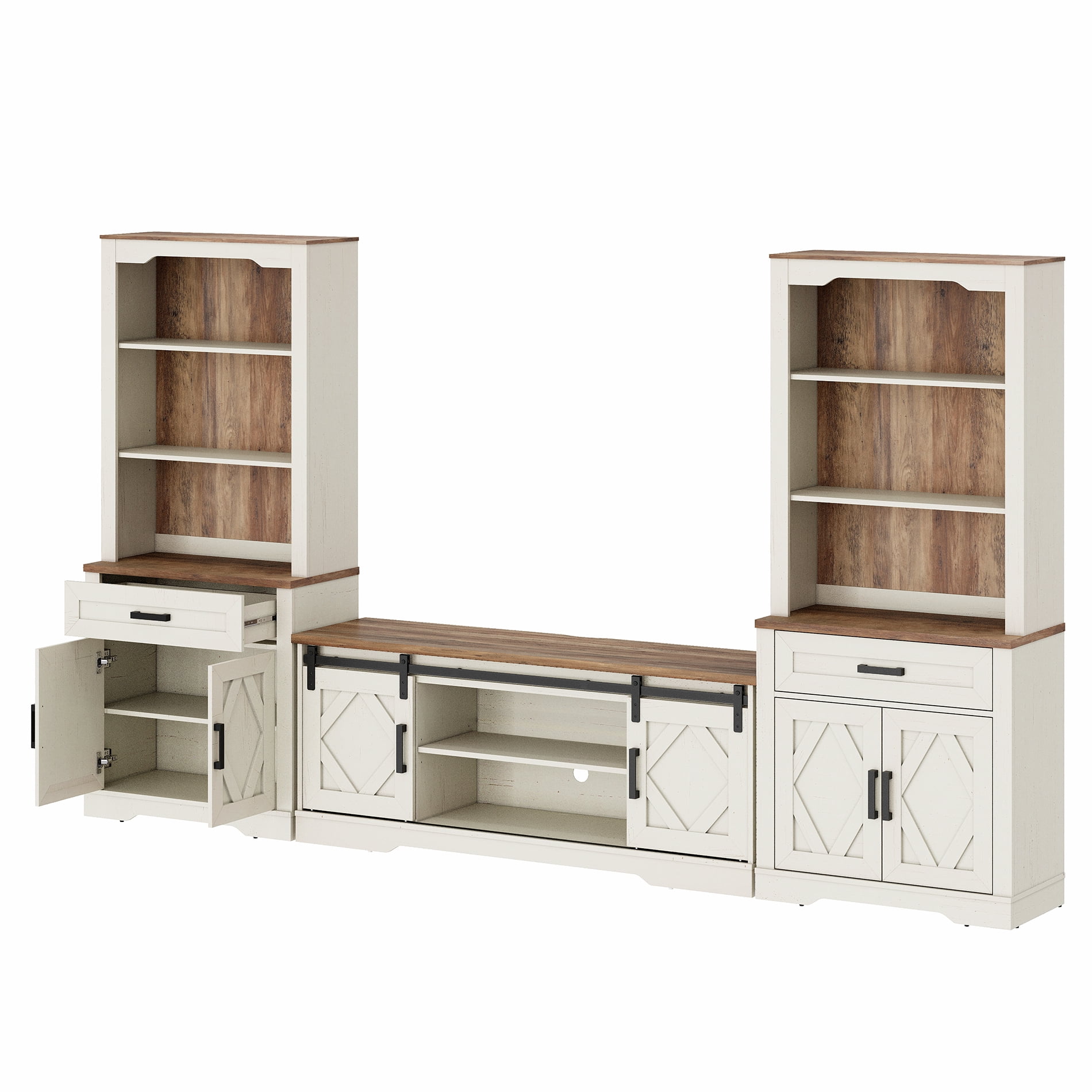 WAMPAT Farmhouse Entertainment Center with Bookshelf for TVs up to 65",Mid Century Modern TV Stand with 73"H Tall 5-Tier Bookcase with Open Storage and Barn Doors for Living Room,Cream White