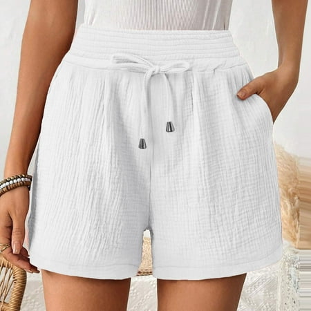 LEBONYARD Pull on Shorts for Women Fashion Women Sweat Shorts Summer Casual Loose Solid High Waist Short Pockets Pants White S