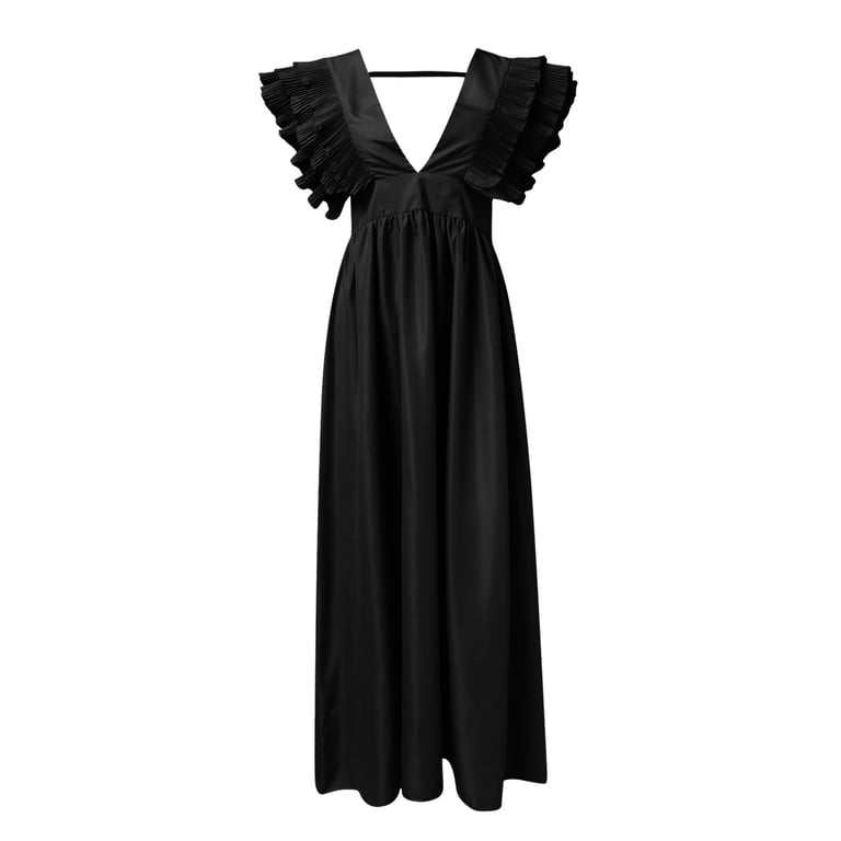 Women Maxi Dress Wrap V Neck Ruffle Sleeve Tiered Midi Tie Waist A Line  Long Gowns Black XL - Walmart.com