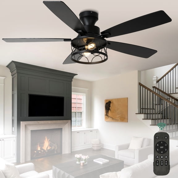 Cusp Barn 52 inch 5-blade Modern Black Industrial Flush Mount Ceiling Fan with Lights and Remote, 6 Speeds DC Motor Low Profile Ceiling Fan