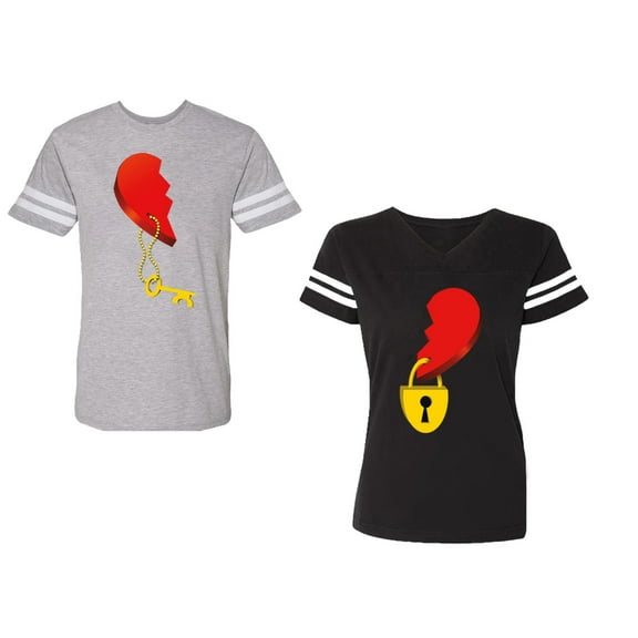 Heart Key Lock Unisex Couple Matching Cotton Jersey style T-Shirt Contrasting stripes on sleeves (Men Heather / Women Black) (Men S / Women S)