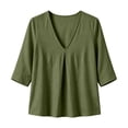 thumbnail image 4 of thefmos Women's Fall V Neck 3/4 Sleeve Pleated Flowy Blouses Casual Dressy Tops Solid Basic Pullover for Work Vacation Fashion Clothes, Army Green S, 4 of 9