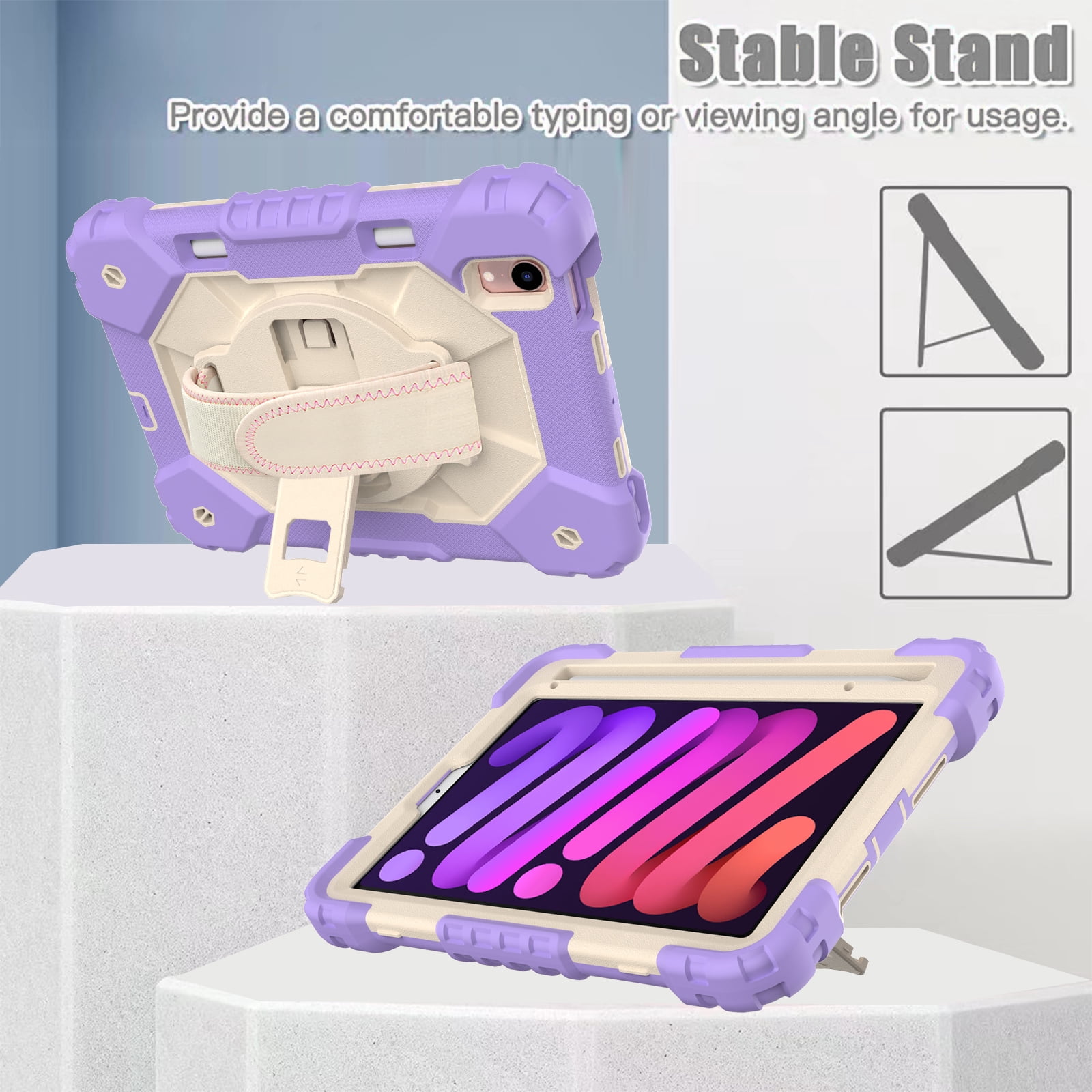 Case for iPad Mini 6 2021 8.3-inch, Kids Shockproof Rugged Hybrid 360 Rotating Stand Cover with Hand Shoulder Strap/Pencil Holder