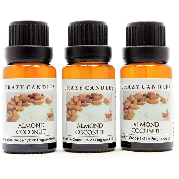Crazy Candles Almond Coconut (Made in USA) 3 Bottles 1/2 Fl Oz Each (15ml) Premium Grade Scented Fragrance Oil