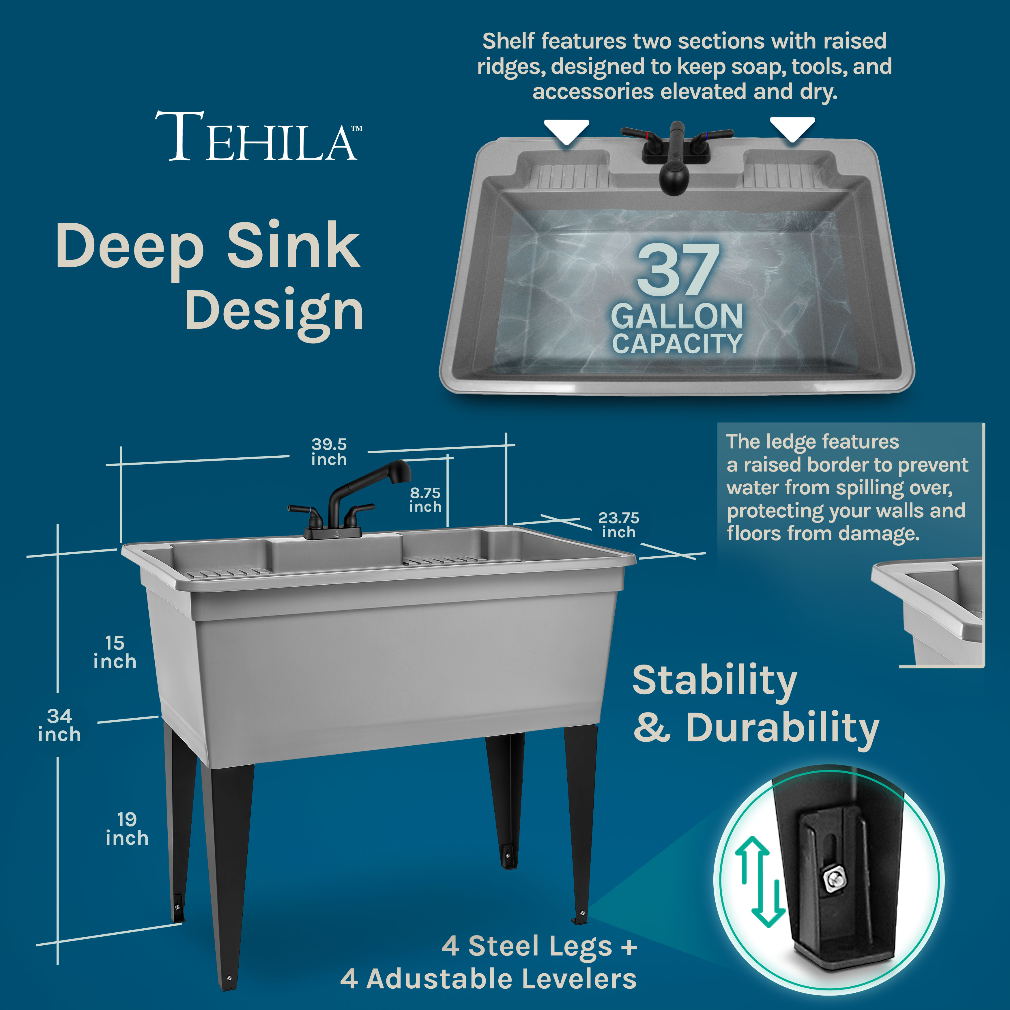 Tehila 37 Gallon Freestanding Grey Double Wide Utility Sink with Steel Legs and Black Pull-Out Faucet