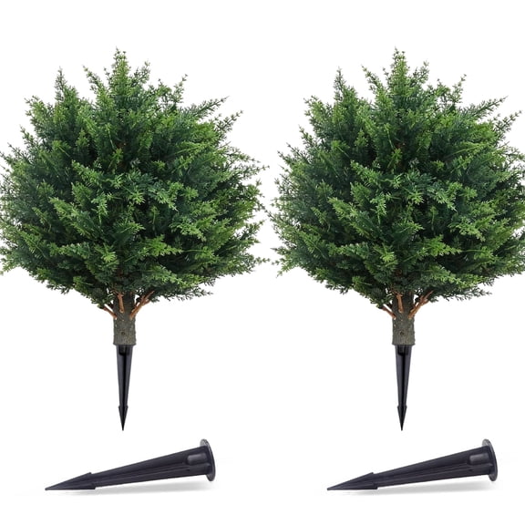 THE BRIVE 21.6 Inch Artificial Dark Green Topiary Ball Trees, 2 Set of UV Resistant Fake Shrubs Bushes Plants with Ground Spike, Fake Plants for Outdoor Indoor Front Porch Garden